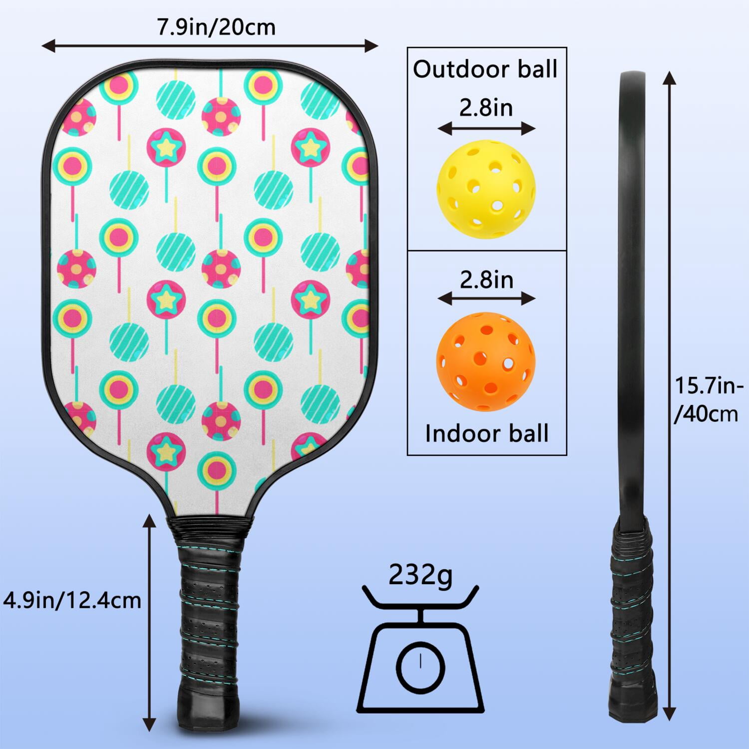 Pickleball Paddles Set Of 1, Fiberglass Surface, Sweet Candy Print, 1 Paddle, 2 Balls & Bag