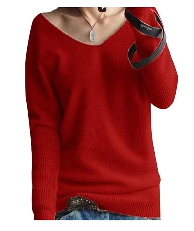 Women's Fashion Big V-Neck Pullover Loose Sexy Batwing Sleeve Wool Cashmere  Sweater Winter Tops