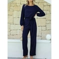 thumbnail image 6 of Womens Dressy Jumpsuits Long Sleeve Belted Wide Leg Pants Romper Jumpsuit Wedding Guest Outfits Navy Blue S, 6 of 9