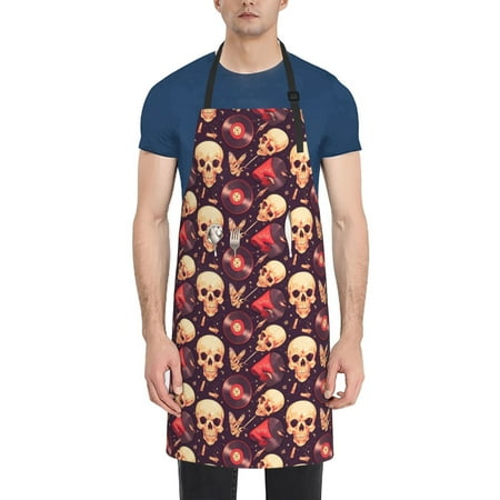 

Pofeuu cool rock Skull record Print Waterproof Apron with Pockets Adjustable Cooking Aprons Kitchen Bib for Baking Household Cleaning