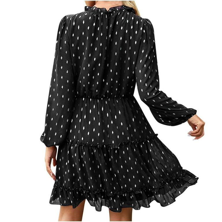 Women's Fall Dress Casual Long Sleeve Ruffle Chiffon Knee