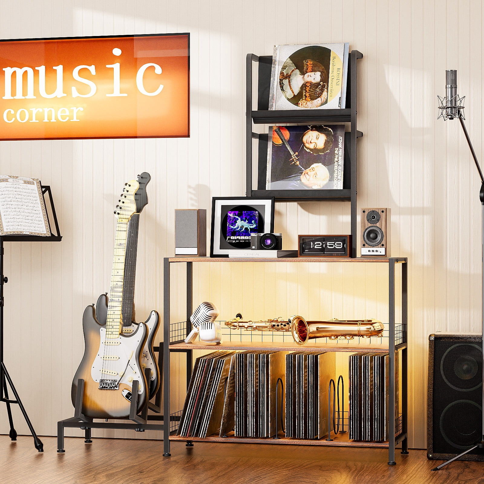 Vinyl Record Player Stand with Guitar Stand, Record Player Table with RGB LED Light, Record Player Cabinet with Vinyl Storage Holds up to 300+ Albums, Vinyl Player Stand for Home Use (Brown)