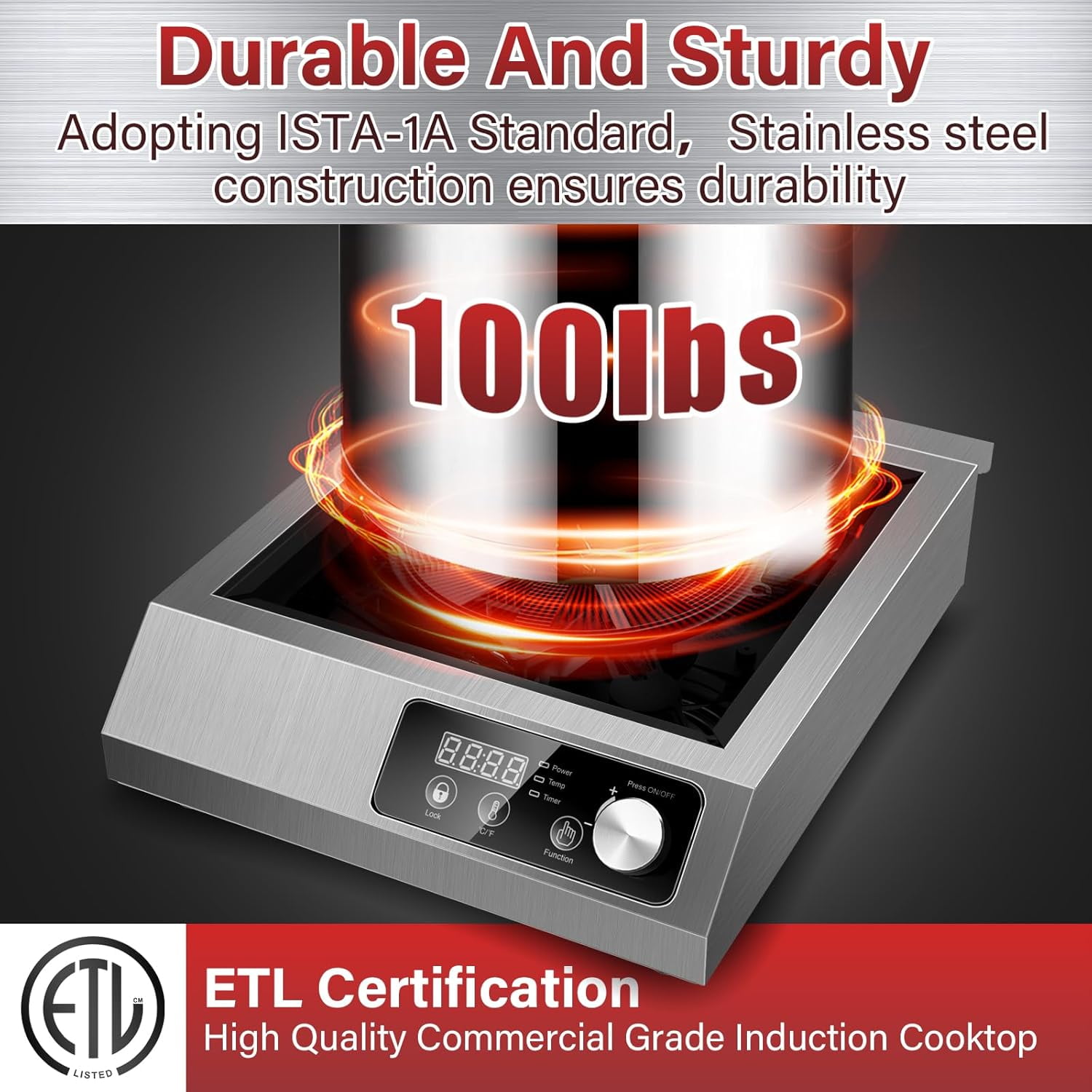 Commercial Induction Cooktop,1800W Induction Burner with sensor touch, knob and LCD screen,ETL-Certified Single Electric Burner,Ten level precise temperature control,Large 8” Heating Coil
