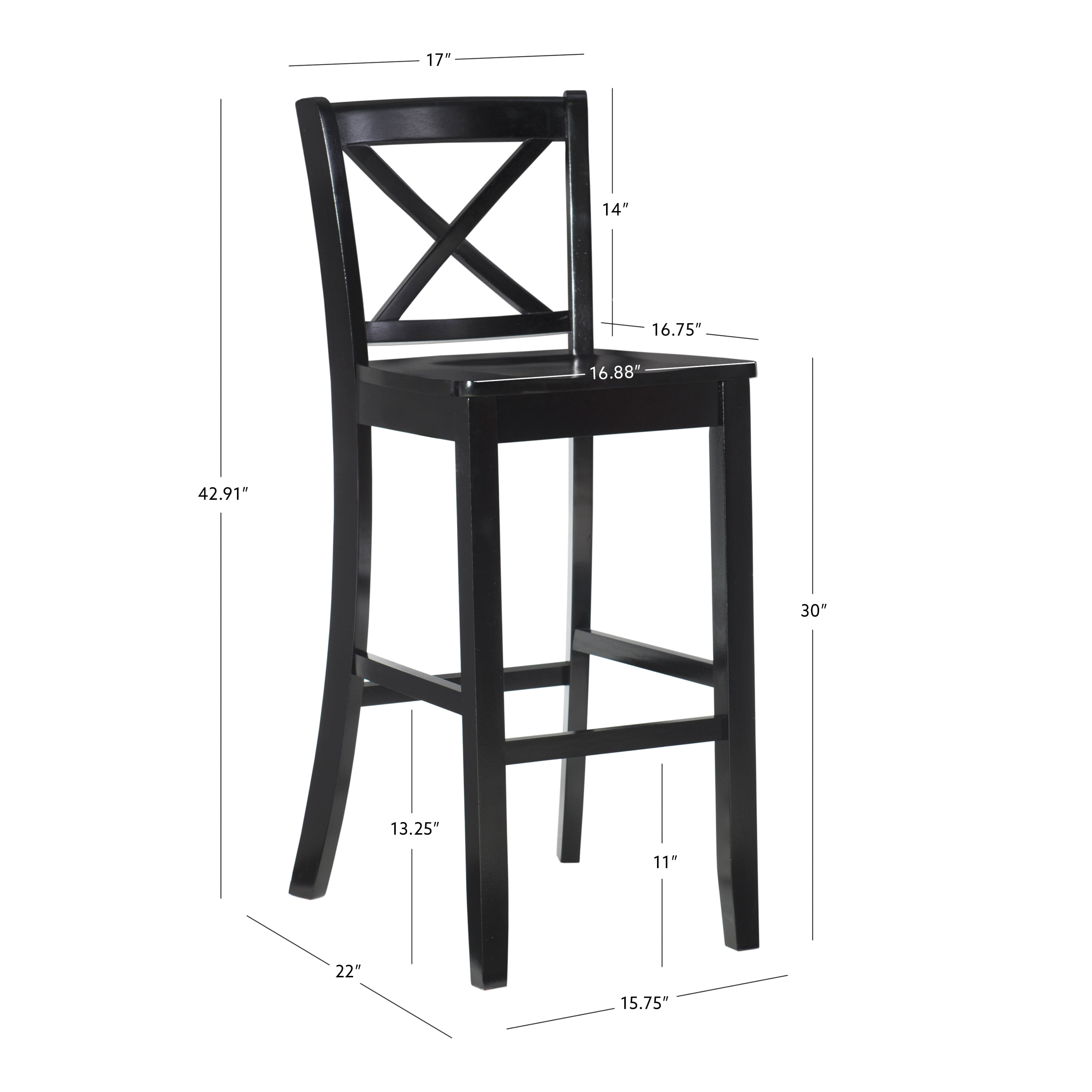 Linon Torino 30" Cross-Back Indoor Wood Bar Stool, Black