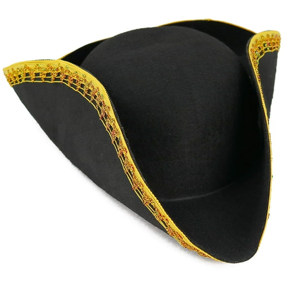 Skeleteen Colonial Black Tricorn Hat - Revolutionary War Costume Tricorner Deluxe Hat with Gold Trimming