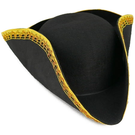 Skeleteen Colonial Black Tricorn Hat - Revolutionary War Costume Tricorner Deluxe Hat with Gold