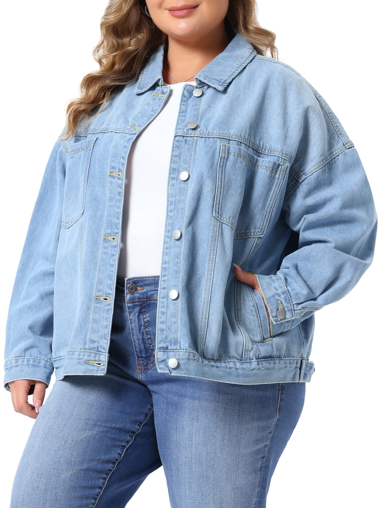 DARING DIVA Women's Plus Denim Long Sleeve Button Washed Jacket 1X Light Blue