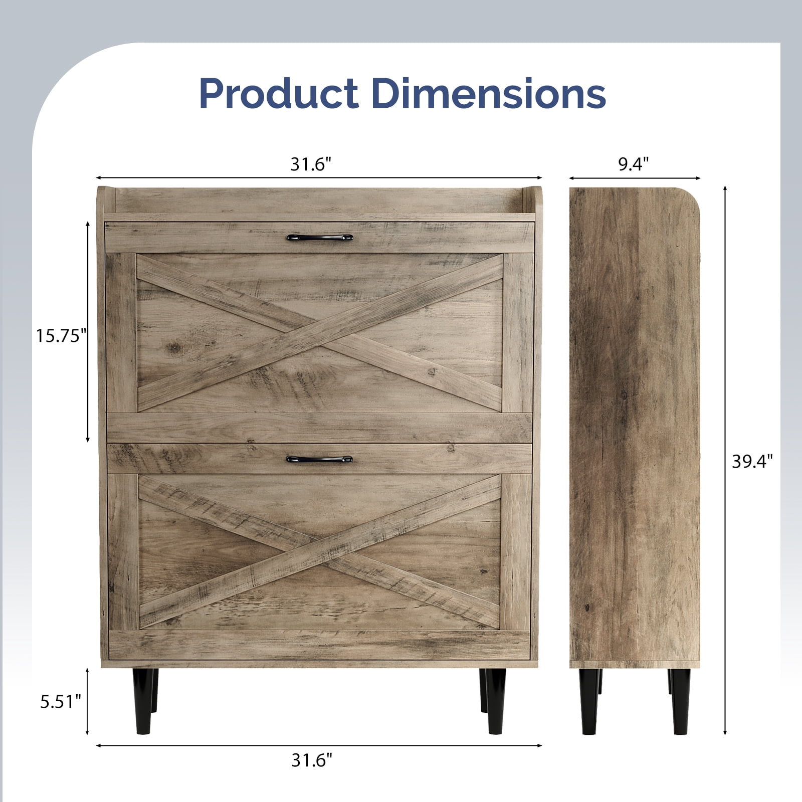 2-Drawer Top-Mounted Barn Door Shoe Cabinet, Embossed MDF, Washed Ash, 31.61 x 9.45 x 39.37 in