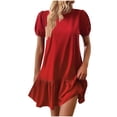 thumbnail image 2 of ALLLIST Ladies Dresses Red Spring Puff Sleeve Sundress Solid Vacation Mini Dresses for Teens Size S-2XL, 2 of 9