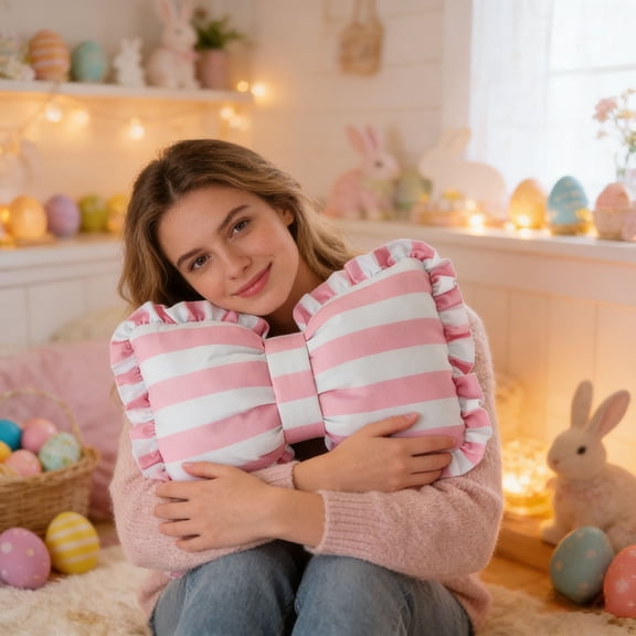 Pink Striped Bow-Decorated Throw Pillow, 30x20cm Ruffled Cushion for Bedroom, Sofa, and Home Decor