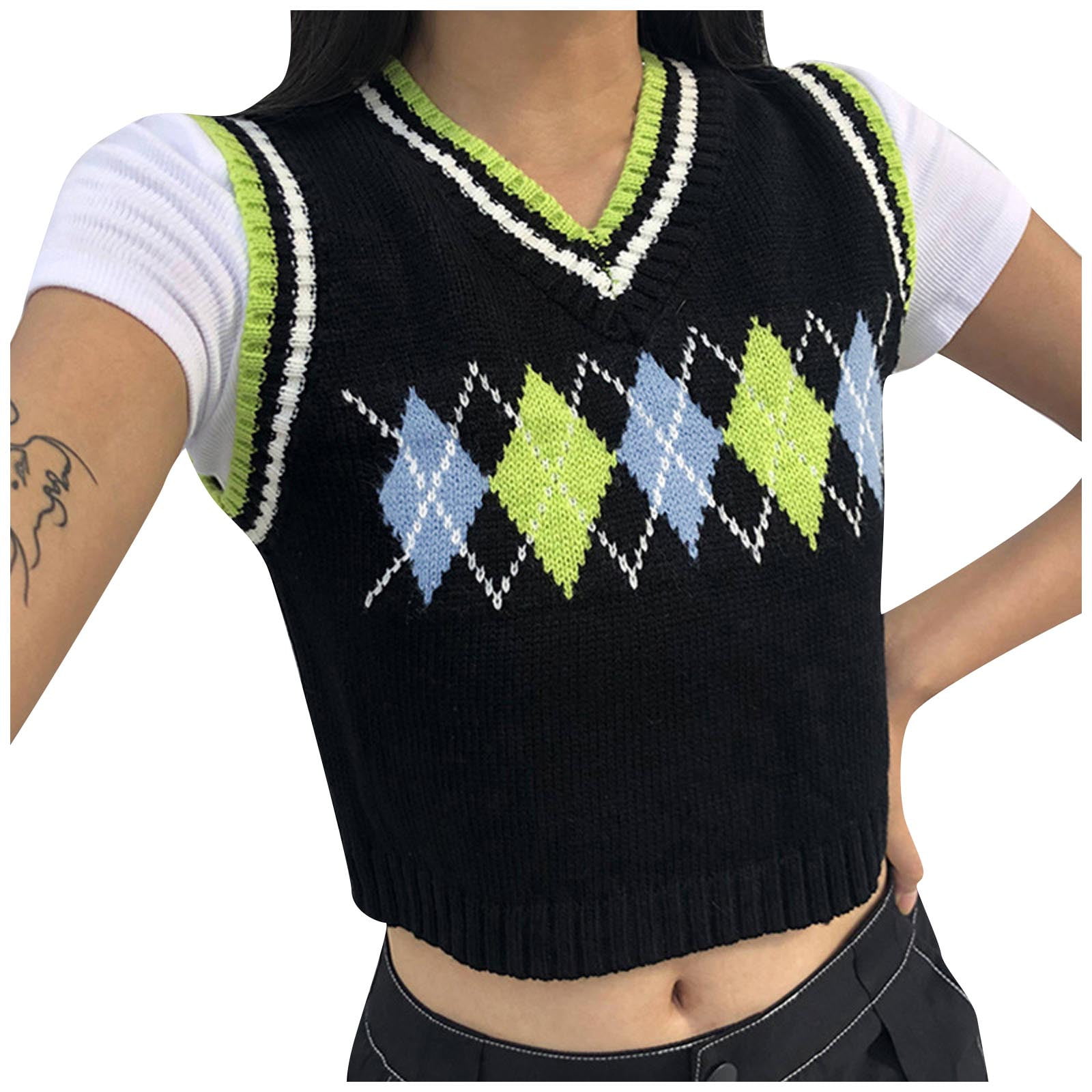 PAXLYH Womens Casual Plaid Knitted Tank Top Knitwear Preppy Style V-Neck  Vest Sweater - Walmart.com