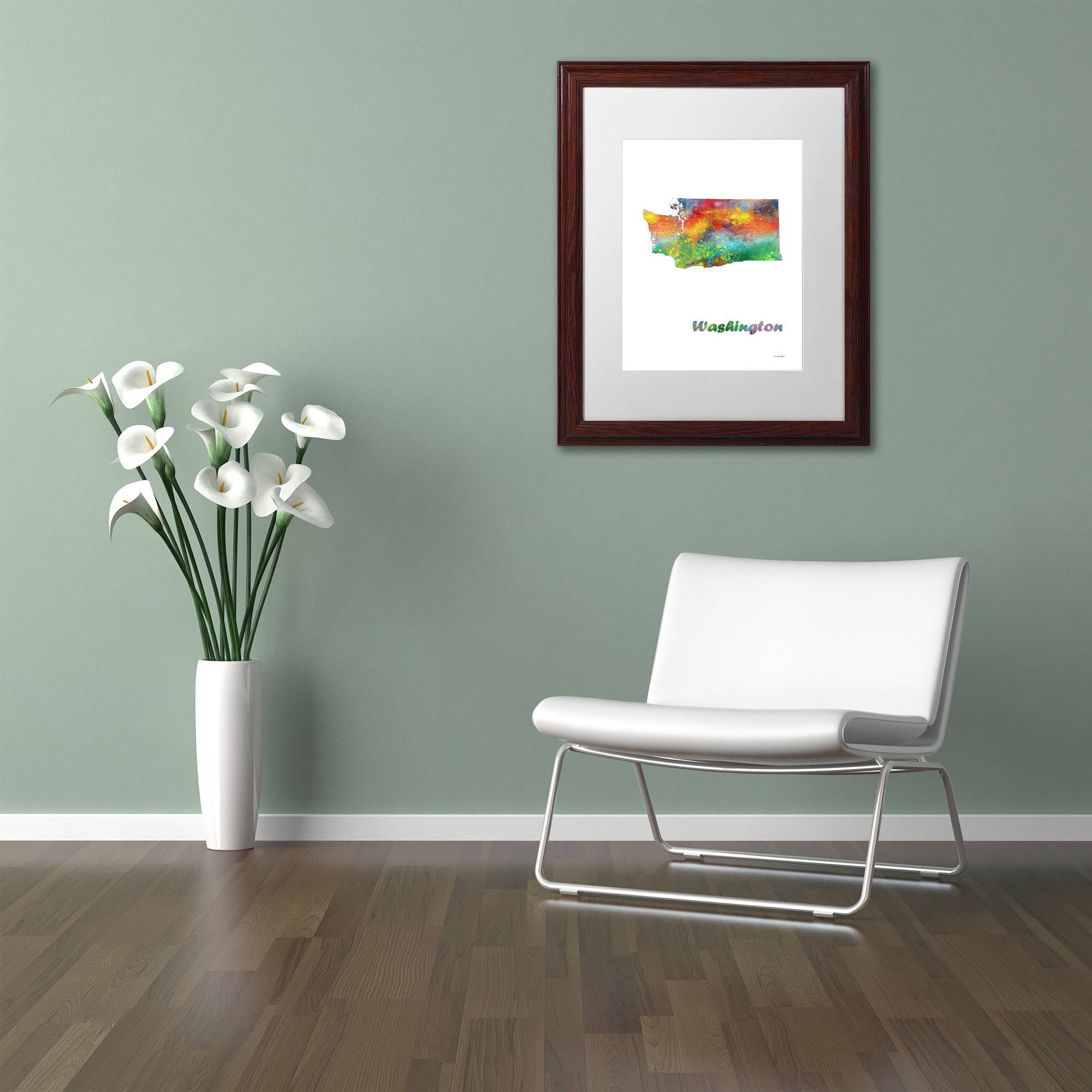 Trademark Fine Art "Washington State Map-1" Canvas Art by Marlene Watson, White Matte, Wood Frame
