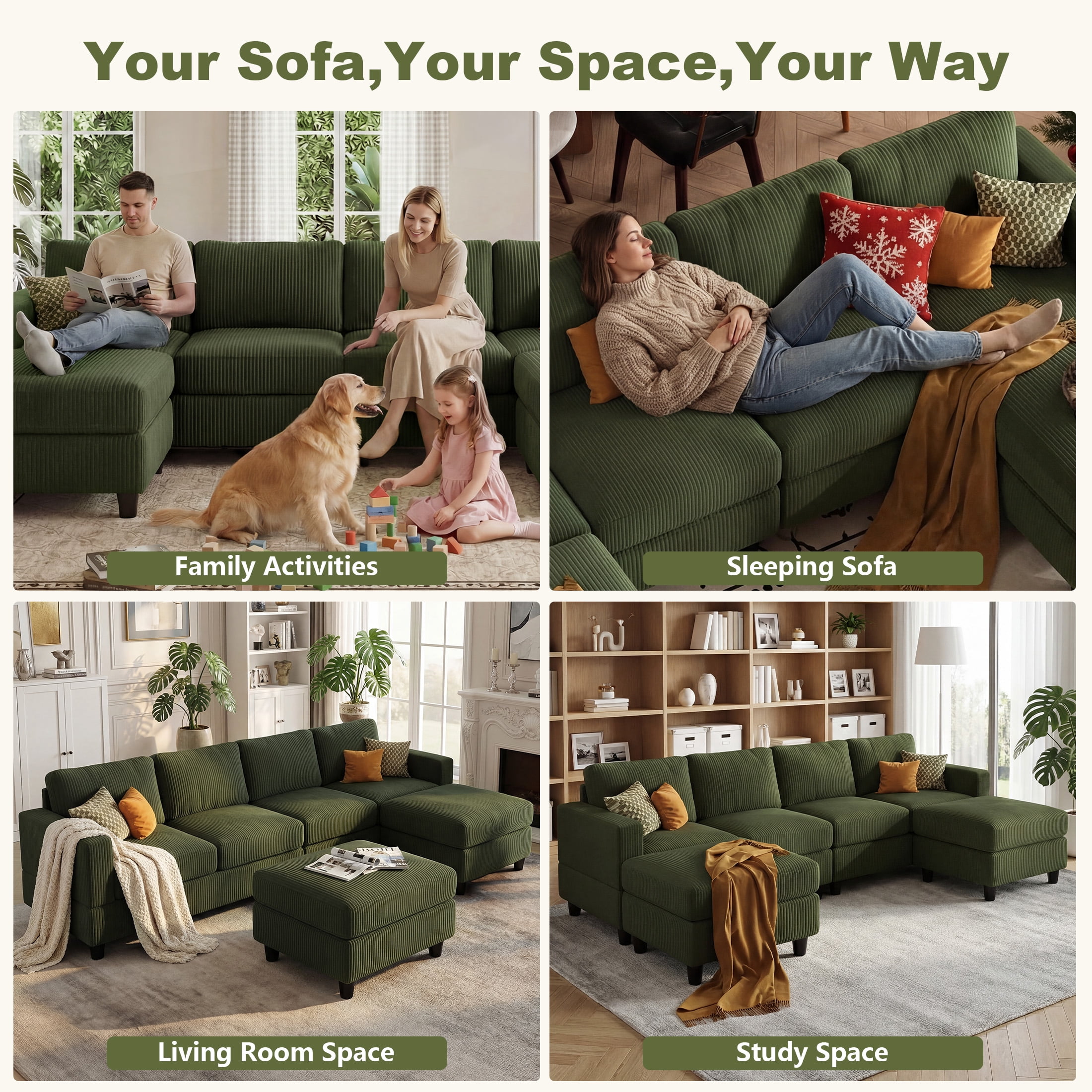 Aukfa 101" Corduroy U-Shaped Sectional Sofa with 2 Ottomans, 6-Seater Cloud Couch, Green