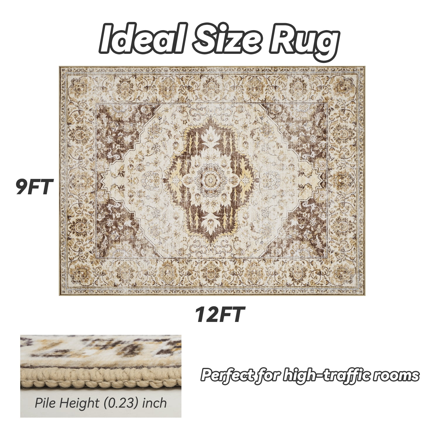 SIXHOME 9'x12' Area Rugs for Living Room Washable Traditional Brown Distressed Carpet Non Slip Ultra Soft Retro Floral Throw Indoor Rug for Bedroom Dinning Room Office Home
