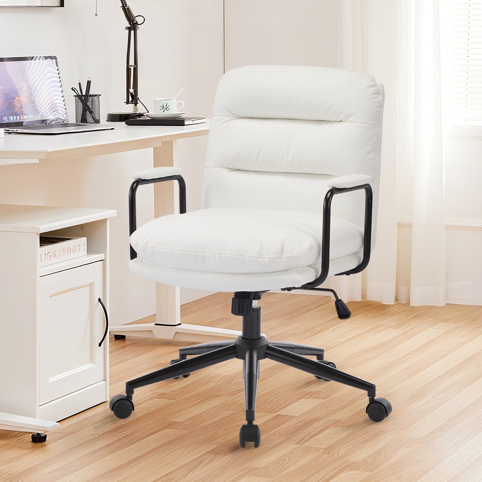 Falvinoryn Modern Office Chair, High Back Ergonomic Task Chair with Padded Armrests and Double Cushion, Swivel Home Office Desk Chair, Faux Leather Executive Armchair for Home, Bedroom (White)