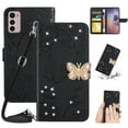 thumbnail image 1 of SaniMore Case for Motorola Moto G42 6.4" 2022, [Crossbody/Wrist Lanyard] PU Leather Embossed Butterfly [Diamond Clasp] Card Slots Kickstand Shockproof Glitter Wallet Shell, Black, 1 of 12