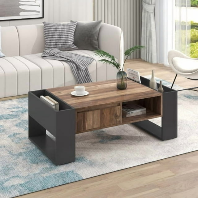 table Basse à grain de Bois avec un Tiroir Sans Poignée, double Espace de Rangement, Compartiments de Rangement des Deux Côtés, table de Salon pour sofa, anthracite