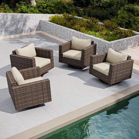 EAGLE PEAK Harbor Haven Swivel Rocking Patio Wicker Chair Set of 4 with Thick Cushion& Deep Seat