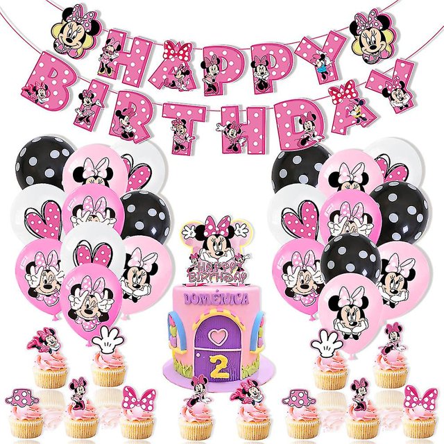 Minnie Mouse Kids Girl Fiesta de cumplea?os Globos Banner Cake Topper Decoraciones Set ShuxiuWang 8390612250729