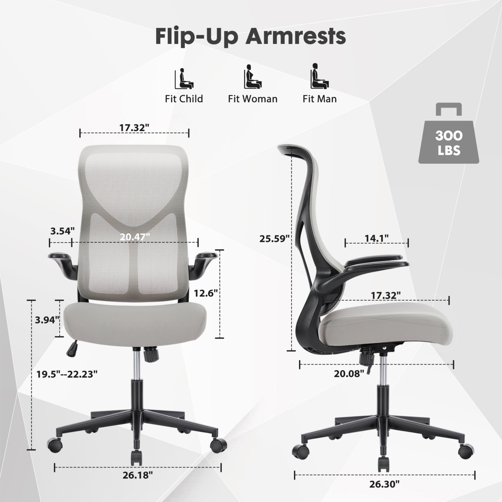 edx Office Chair, Ergonomic Home Office Desk Chairs, Computer Chair with Comfortable Armrests, Mesh Desk Chairs with Wheels, Gray