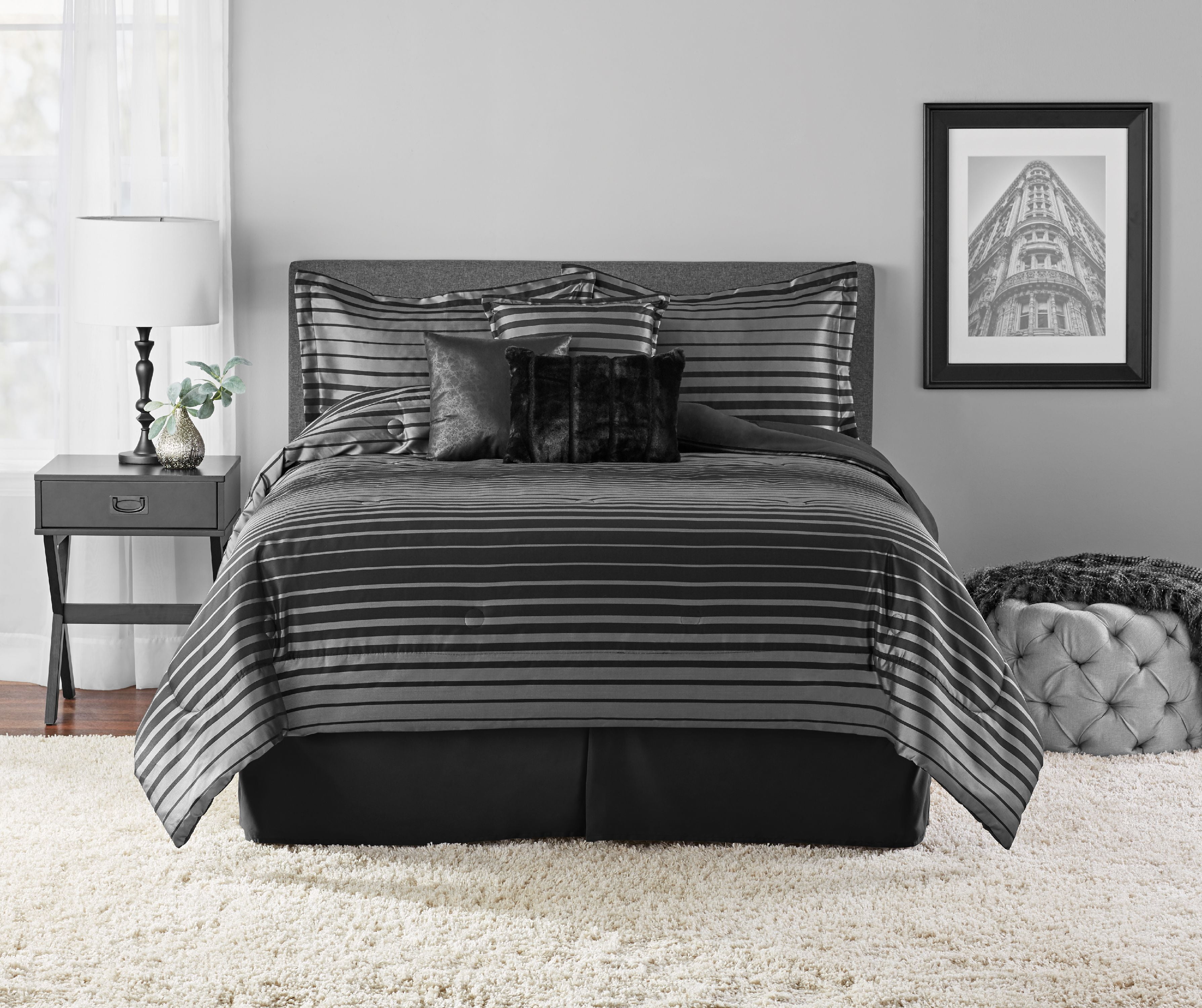 Mainstays Midnight Stripe Jacquard Black Comforter Set, King, Black