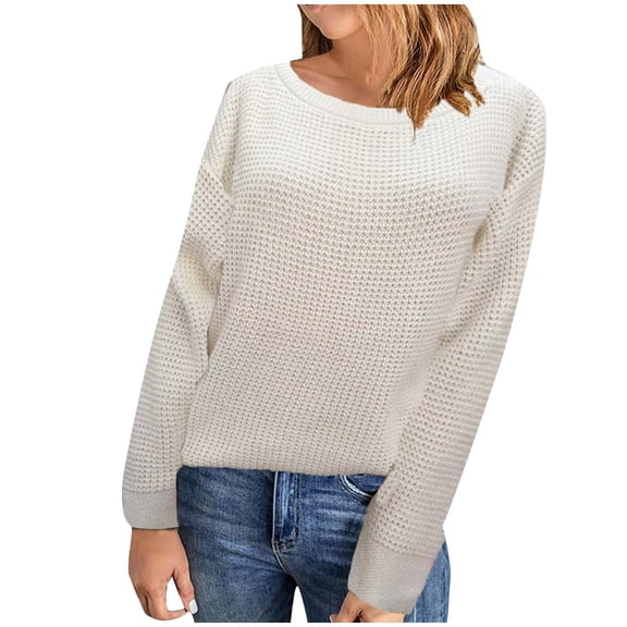 JYnXIANTI Casual Sweater for Women Loose Basic Crochet Knitting Fall Pullover Soft Solid Color Crew Neck Warm Tops
