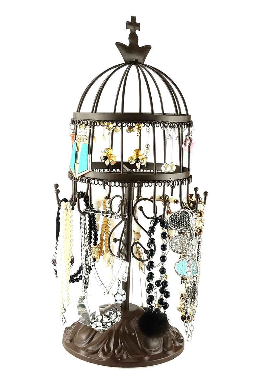 Black Metal Bird Cage Design Jewelry Earring Necklace Display Holder Stand