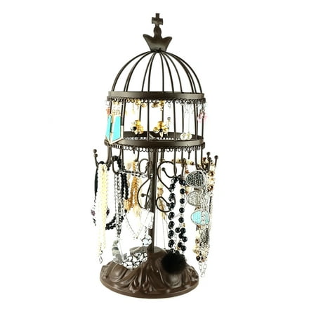 Birdcage Earring Organizer Rotating Necklace Display Stand Classic Metal Bracelet Hanging Jewelry Tree for 100+ Earrings Necklaces Bracelets Antique Brown