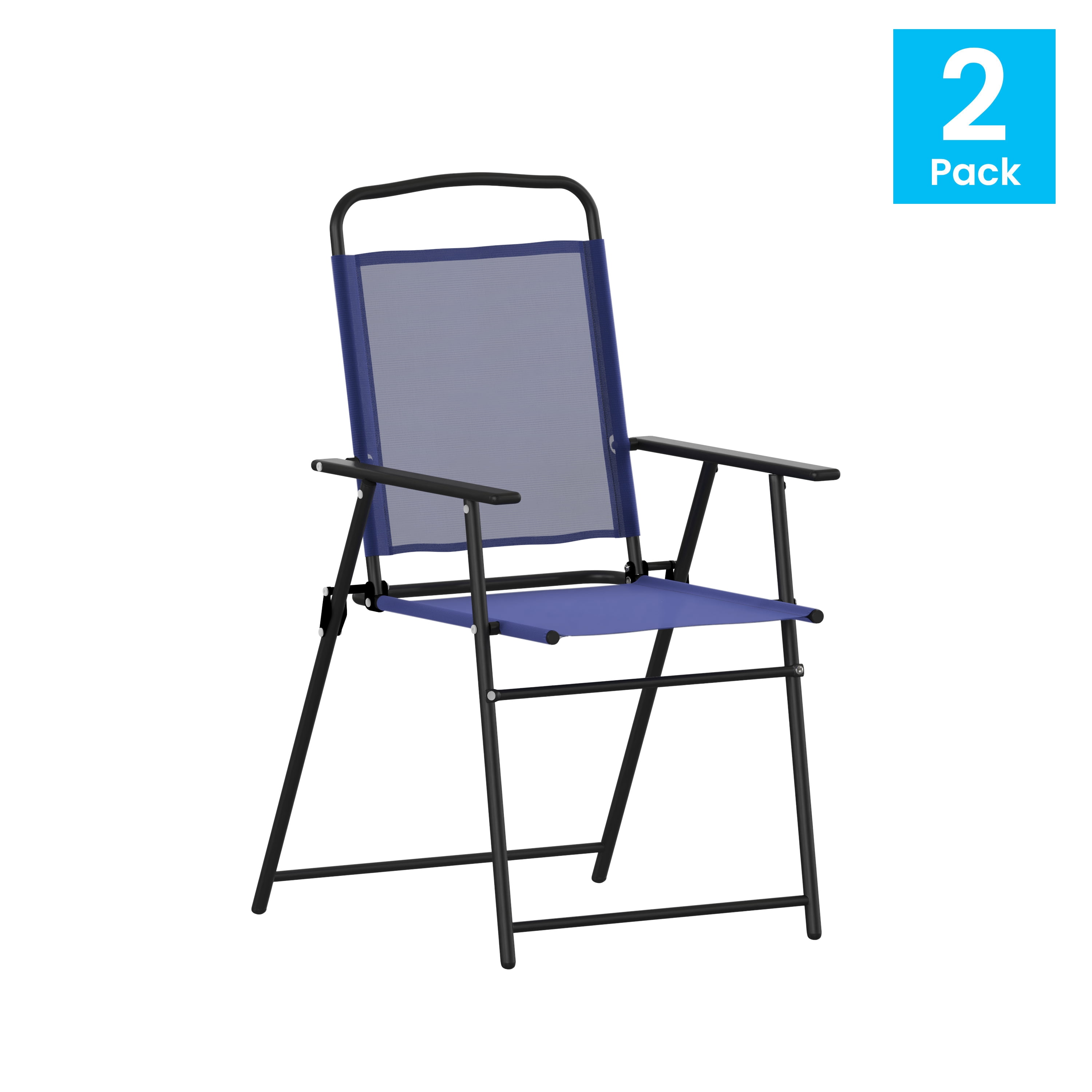 BizChair Set of 2 Folding Patio Sling Chairs, Outdoor Textilene Lawn Chairs with Armrests in Navy