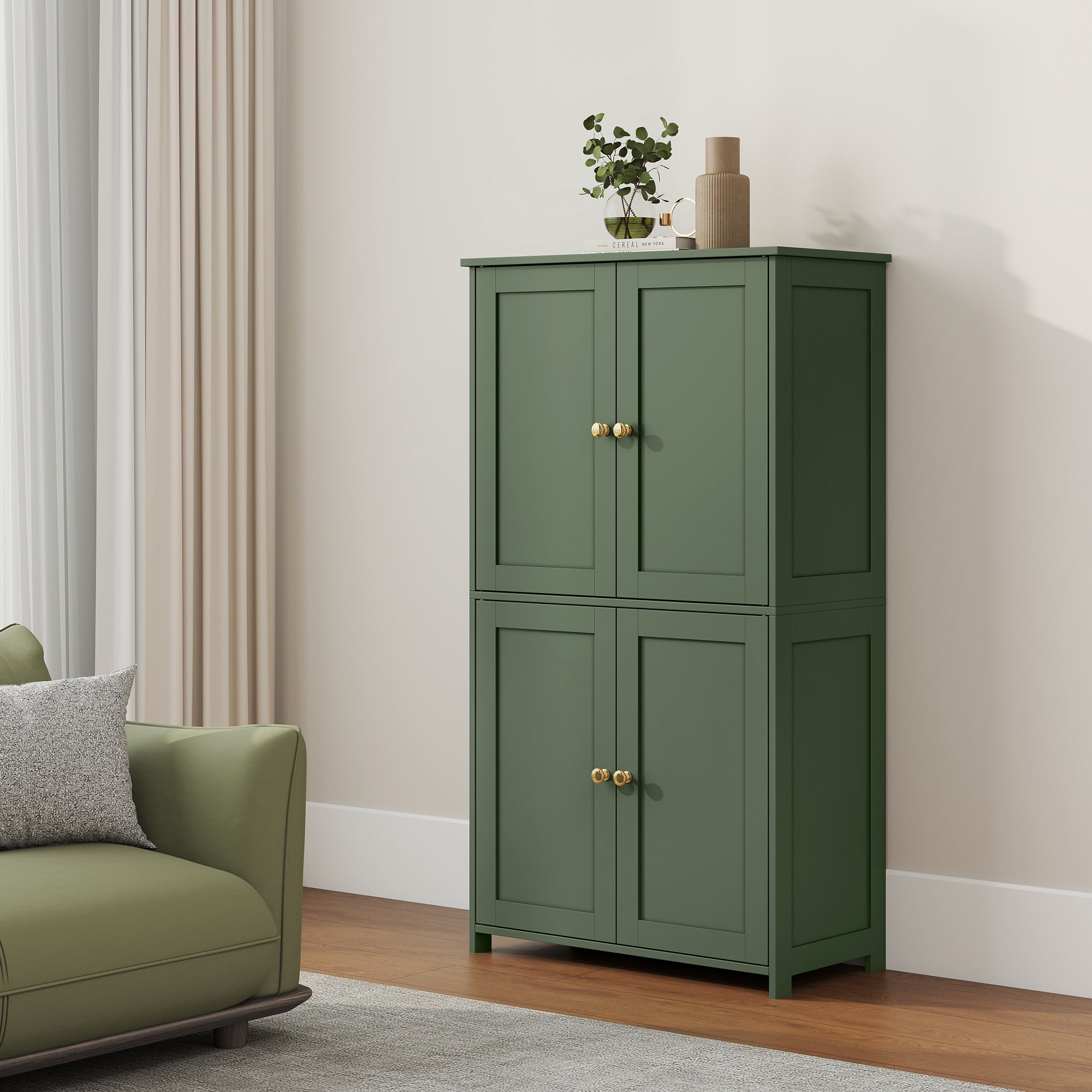 LEDREM Bathroom Storage Floor Cabinet Organizer with Adjustable Shelf 4 Magnetic Doors Freestanding for Living Kitchen Room Small Spaces,Green