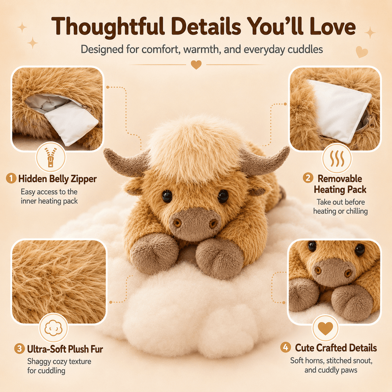 Highland Cow Weighted Stuffed Animal with Microwavable Heating Pad, Soft Fluffy Highland Cow Plush Toy, Heatable and Coolable Weighted Plush Warm Gift for Kids and Adults