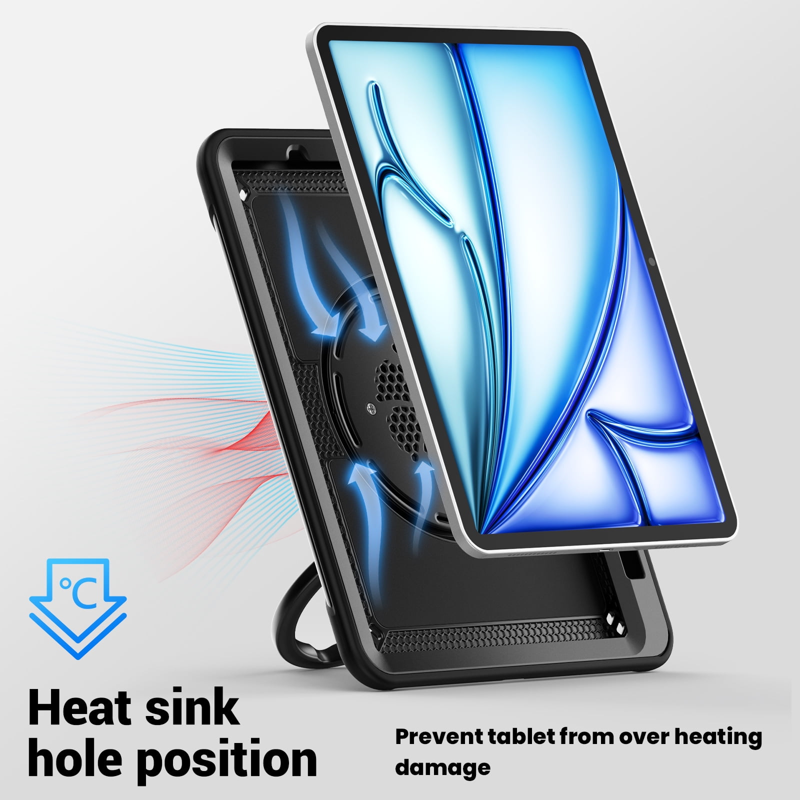 Shockproof Case for Apple iPad Air 11 Inch M3 M2 2025/2024, Rugged Hybrid Protective Cover with Pencil Holder & Shoulder Strap Kids Friendly Rotating Kickstand Case for iPad Air 11 Inch, Black