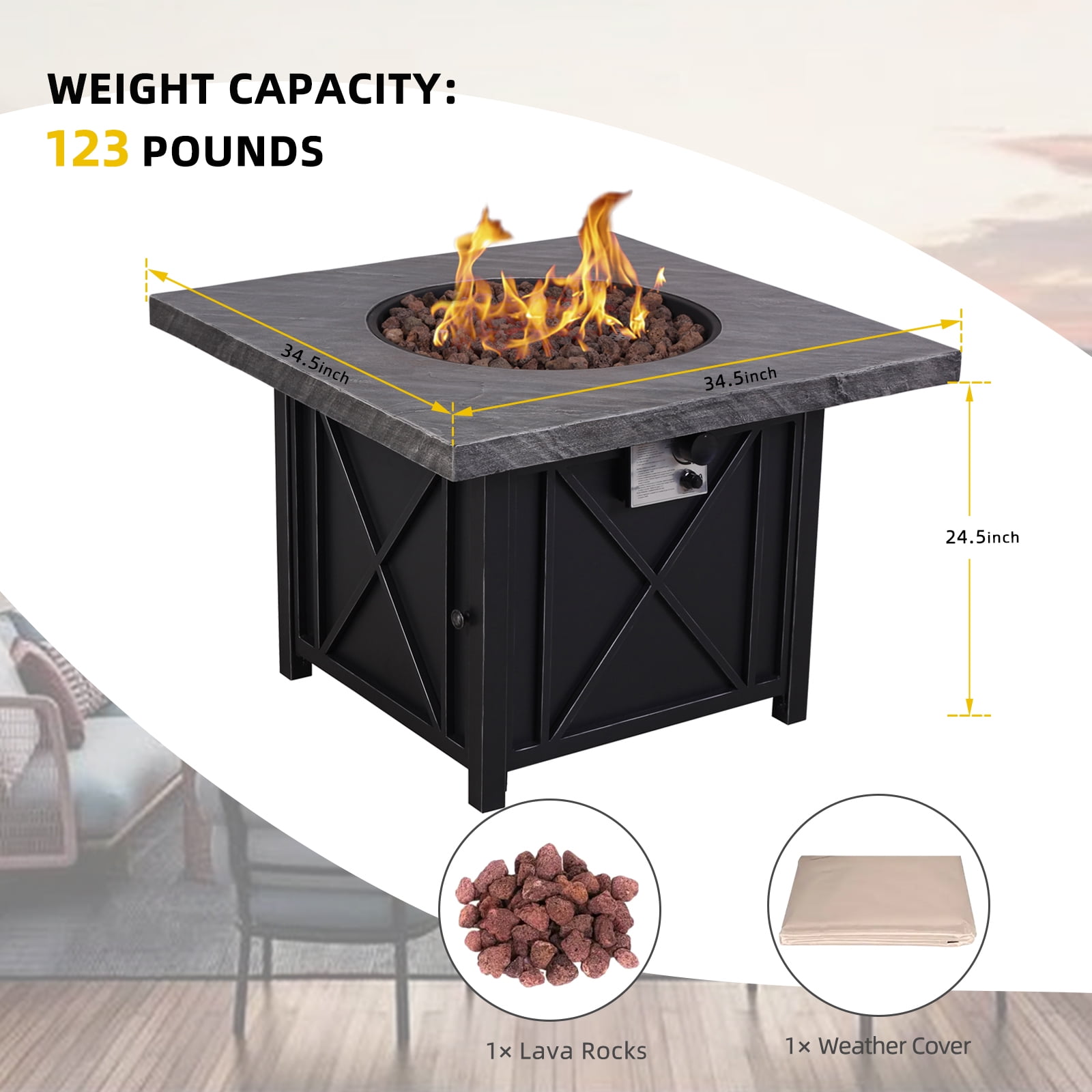 Afterglow 34.5" Propane Fire Table - Outdoor Tabletop Fire Pit for Patio, Backyard & Garden | Terra Fab Top & Steel Base | Includes Weather Resistant Cover, Lava Rocks | 40,000 BTU, CSA Certified