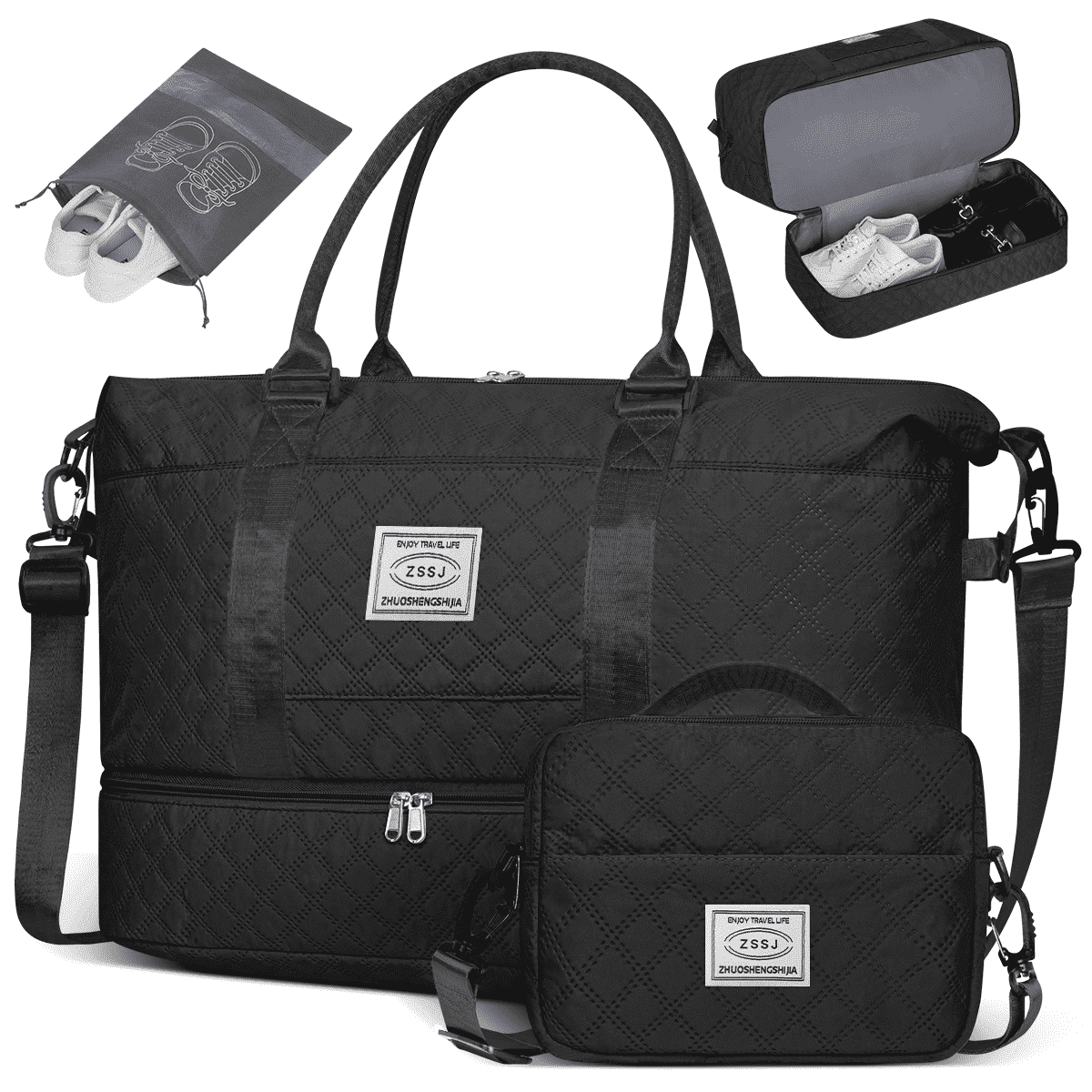 Travel Bag with Shoes Compartment, 40L Weekender Overnight Duffel Bag with Toiletry Bag and Shoes Bag, Gym Bag for Women with Wet Pocket, Personal Carry On Bag for Women, Travel, Gym, Weekend, Black