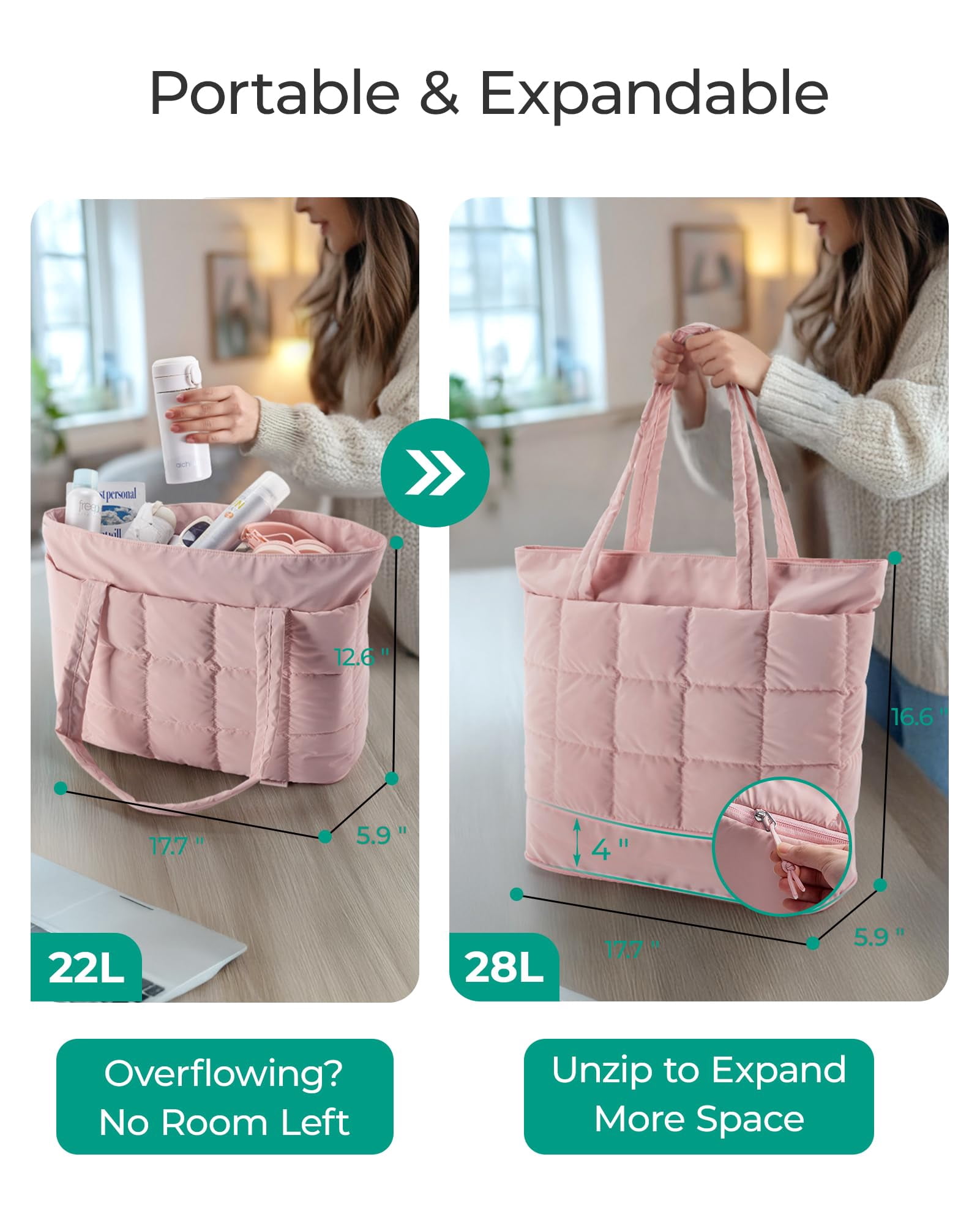 BAGSMART Expandable Tote Bag for Women, Zipper Puffer Work Tote with Water-Resistant Quilted, Nurse and Carry-On Travel Bag, Pink