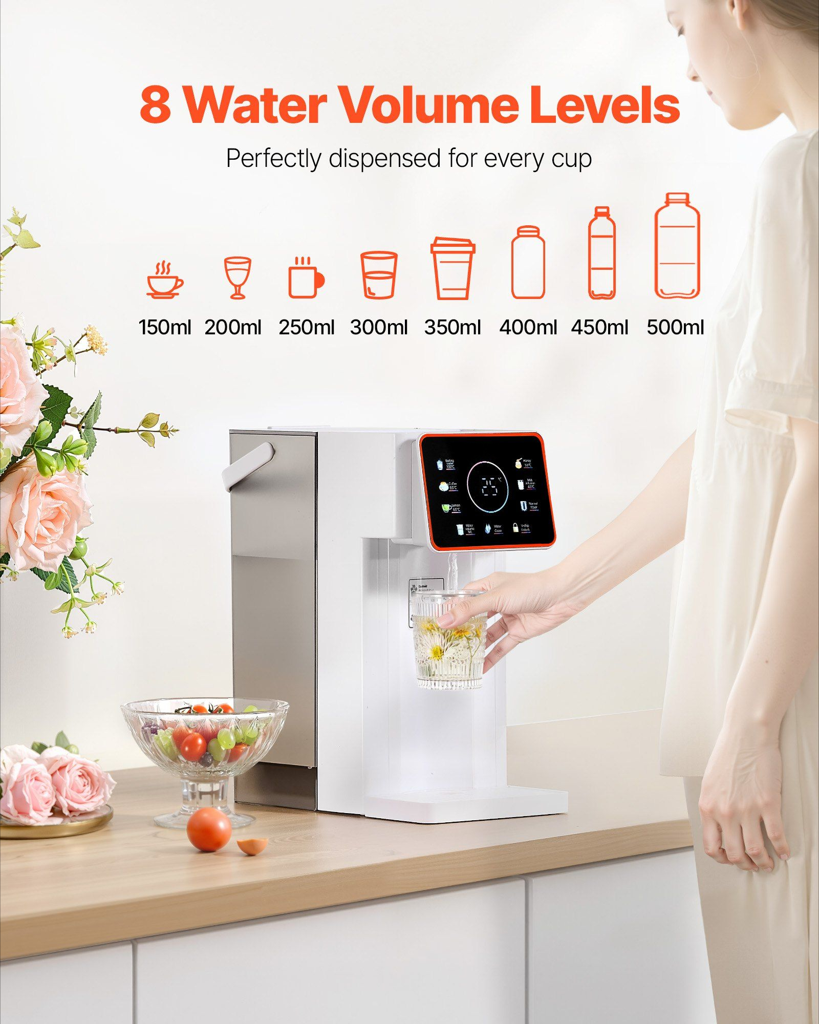 Countertop Hot Water Dispenser with 6 Adjustable Temps & 7 Volume Selections - 101oz Large Capacity