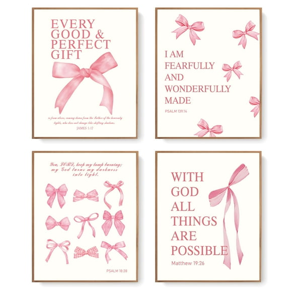 Bow Wall Decor Posters, Pink Aesthetic Art for Bedroom Bathroom Dorm, Bible Verse Prints, 4 Pack 10x8 Inch Unframed Bow Pictures, Coquette Pink