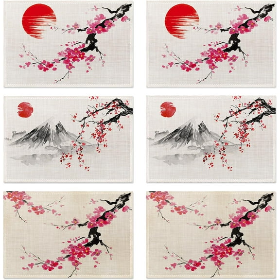 Japanese Cherry Blossom Placemats Set of 6,Washable Heat Resistant 12×18 Inch Linen Table Mats,Place Mats for Party Outdoor Dining Décor