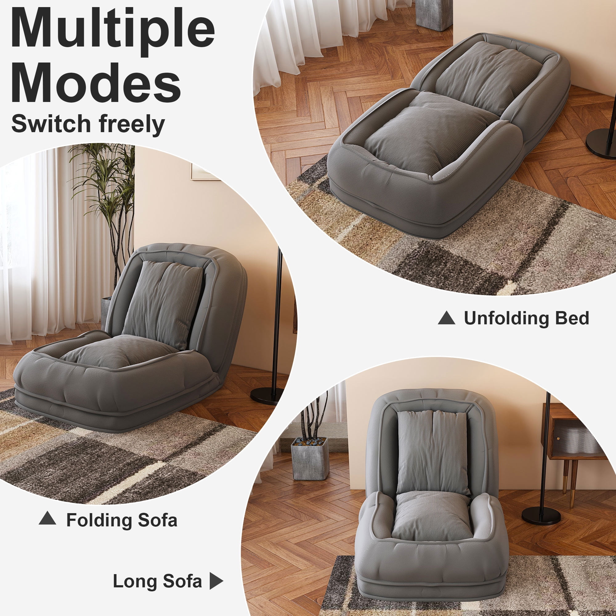 Jopath Foldable Lazy Sofa Bed with 2 Soft Pillows,Human Dog Bed with 5 Adjustable Position for Bedroom Living Room Reading Corner(Grey)
