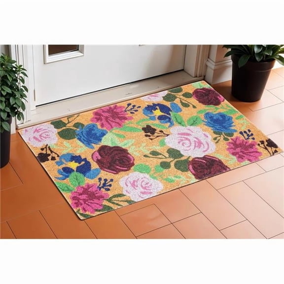 HomeRoots 632301 17 x 29 in. Natural Pink & Blue Floral Outdoor Coir Door Mat