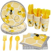 144 Piece Bumble Bee Party Supplies - Serves 24 Party Plates, Napkins, Cups, and Cutlery for What Will It Bee Gender Reveal Decorations