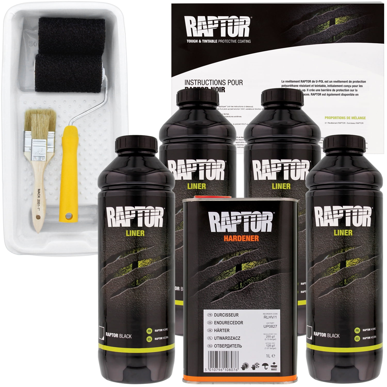 8 Liters Tray & Brush U-Pol Raptor Bright White Urethane Spray-On Truck Bed Liner Kit w/Free Roller 