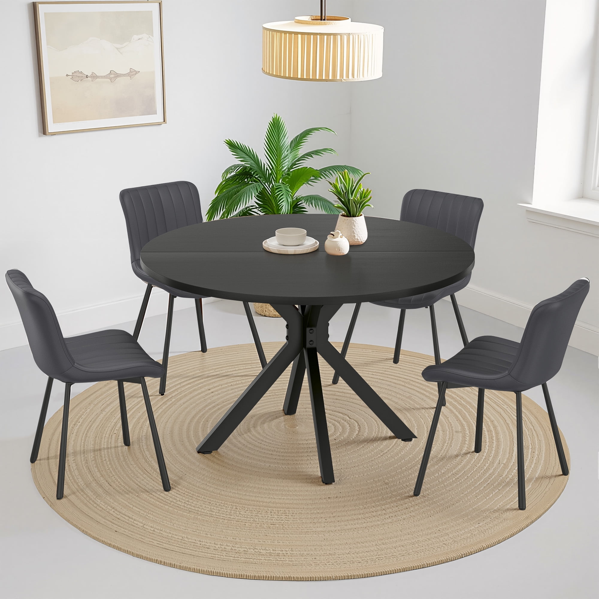 MAYEERTY 47"Round Modern Dining Table Fits 4-6, Farmhouse Style,Metal Frame for Kitchen/Dining Room, Black
