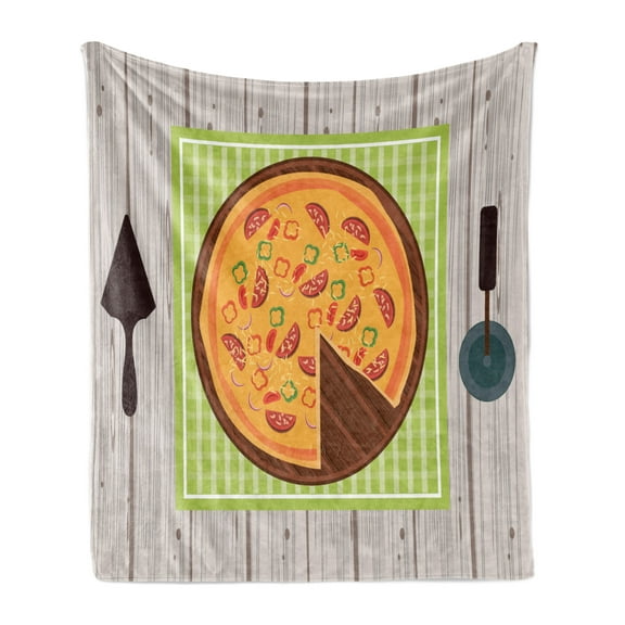 Italy Soft Flannel Fleece Blanket, Cartoon Style Illustration of Pizza on Wooden Table with Utensils, Cozy Plush for Indoor and Outdoor Use, 50" x 60", Pale Eggshell and Multicolor, by Ambesonne