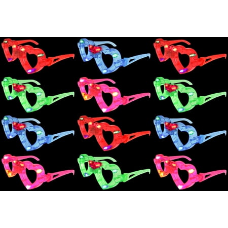 Set of 12 VT Flashing LED Multi Color 'Love Heart' Light Up Show Party Favor Toy Glasses (Colors May Vary)