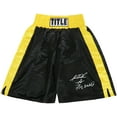 thumbnail image 1 of Riddick Bowe Signed Title Balck & Gold Trim Boxing Trunks w/Big Daddy, 1 of 1
