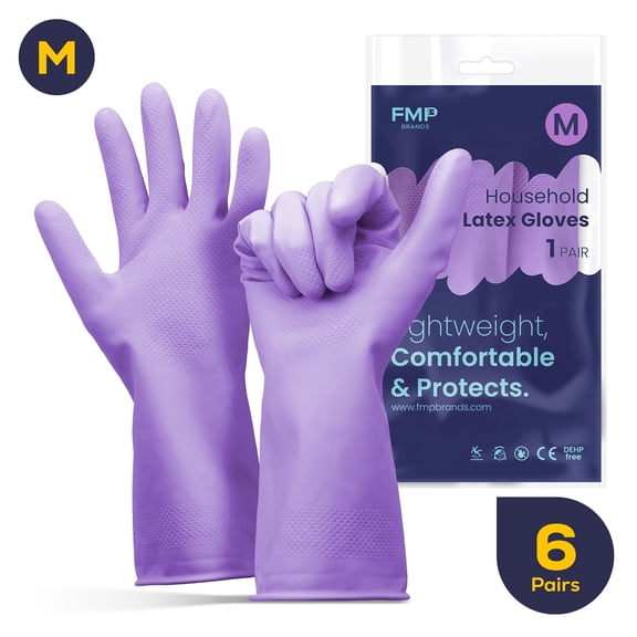 FMP Brands 6 Pairs Purple Rubber Dishwashing Cleaning Gloves–Reusable Waterproof Household Cleaning Gloves, Non-Slip Kitchen Rubber Glove(Medium)