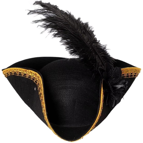 Slccxzc Adult Tricorn Pirate Hat with Feather, Gold Trimmed Buccaneer Cap for Party, 58-61 cm, 1 Pack