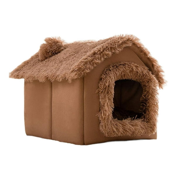 Casa tipo caseta para perros suave con forma de cueva cálida con cojín para el invierno, nido para gatos ligero, desmontable y multiusos, suministros Marrón L
