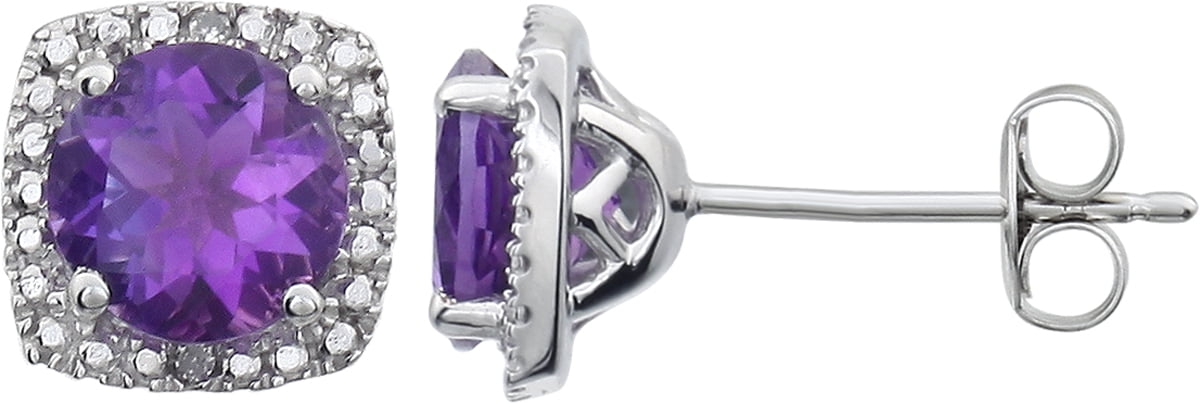 925 Sterling Silver Halo Set Round Amethyst & Diamond Stud Earrings 2.02cttw by